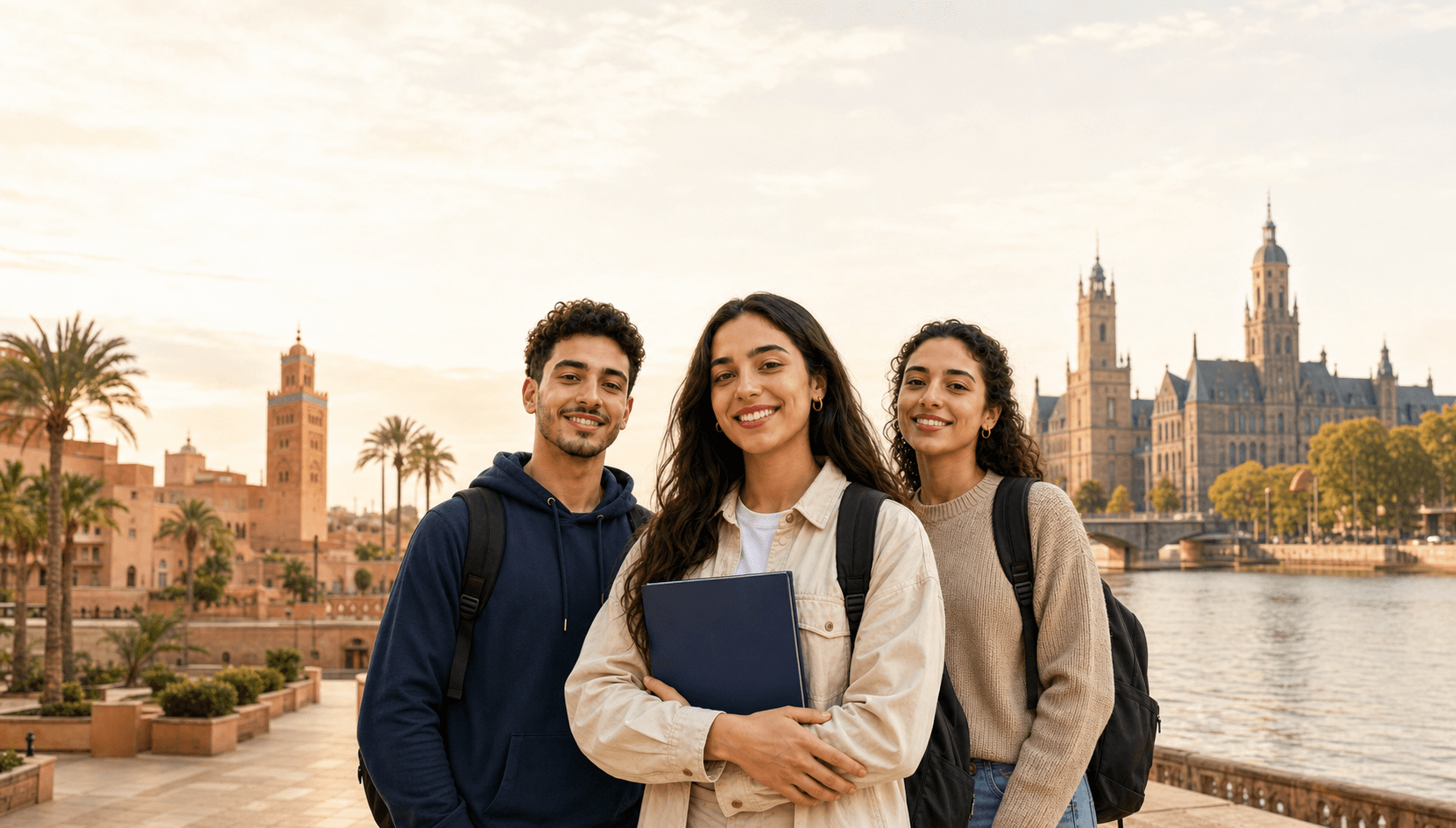Trois étudiants dans un paysage reliant le Maroc et l'Allemagne